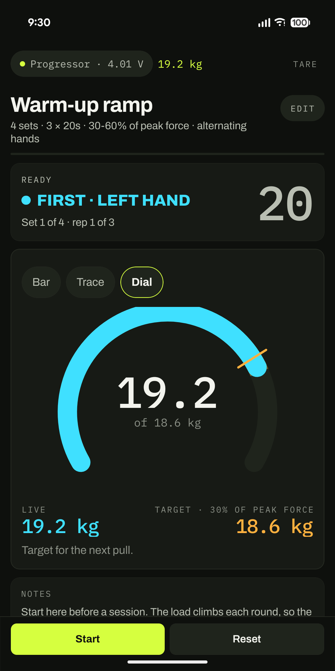 The warm-up ramp ready to start: left hand first, the dial reading 19.2 kg against an 18.6 kg target.