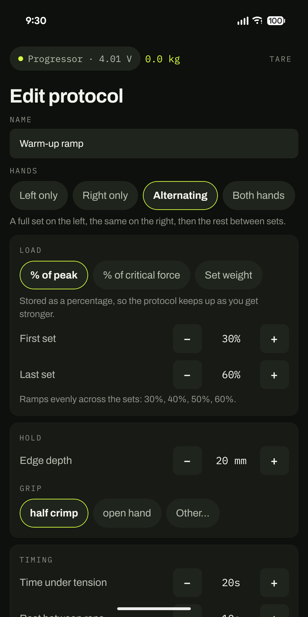 Editing the warm-up ramp: left, right, alternating or both hands, ramping from 30 to 60 percent of peak.