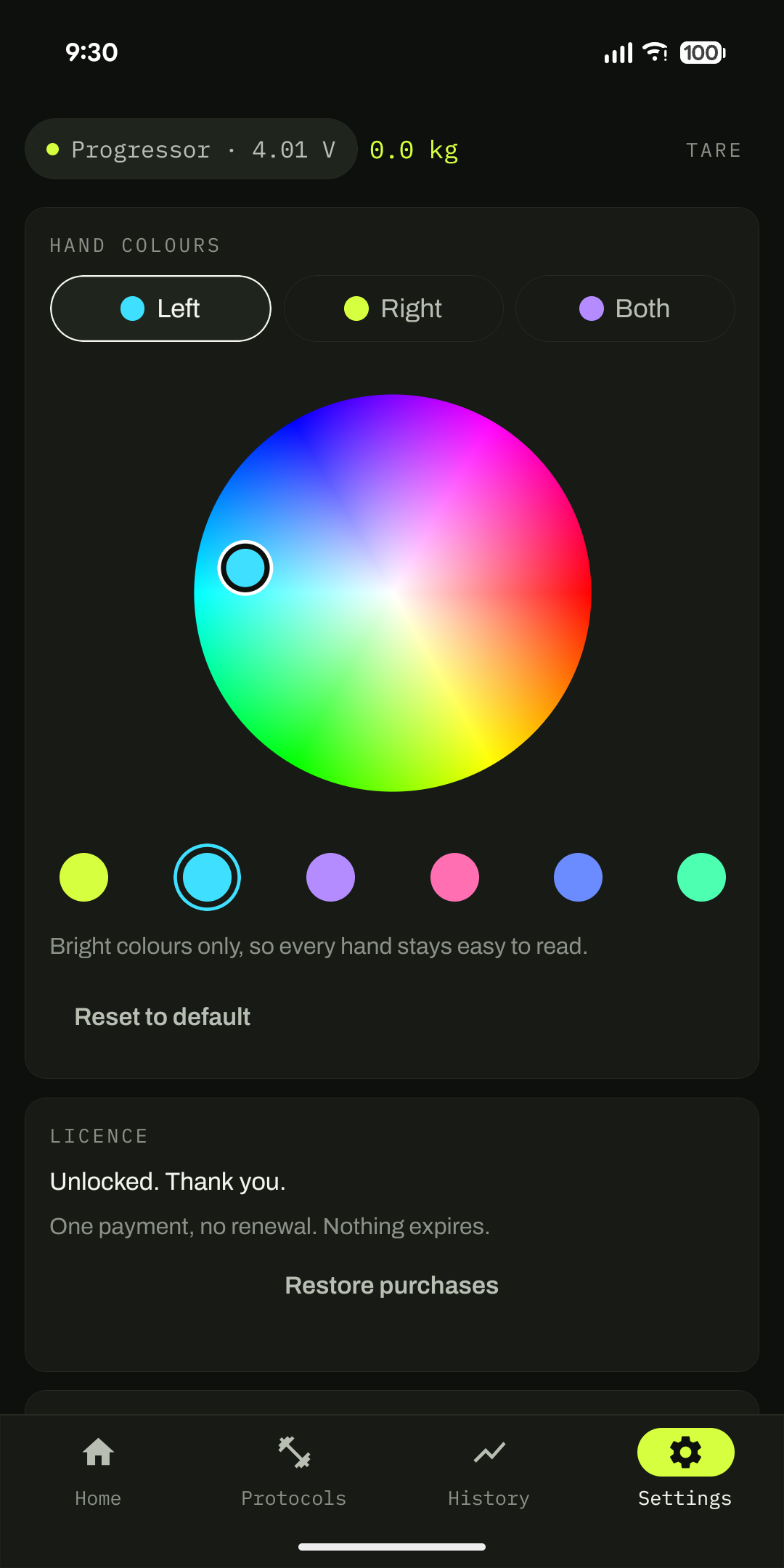 Settings: choosing a hand colour on a colour wheel, with six quick picks.